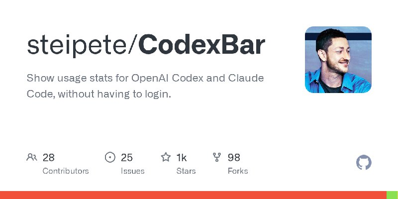 GitHub - steipete/CodexBar: Show usage stats for OpenAI Codex and Claude Code, without having to login.