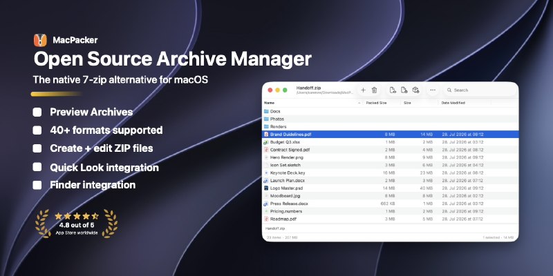 GitHub - sarensw/MacPacker: Archive manager and 7zip replacement for macOS. Preview (nested) archives without extracting them.…