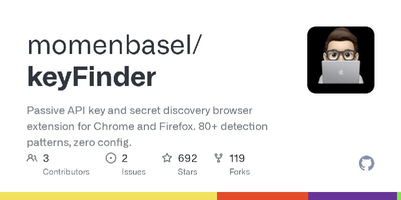 GitHub - momenbasel/keyFinder: Passive API key and secret discovery browser extension for Chrome and Firefox. 80+ detection patterns…