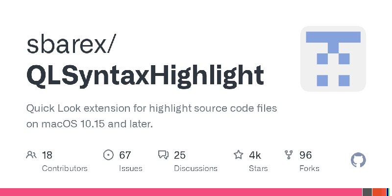 GitHub - sbarex/QLSyntaxHighlight: Quick Look extension for highlight source code files on macOS 10.15 and later.