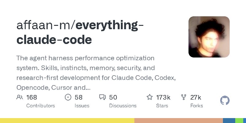 GitHub - affaan-m/everything-claude-code: The agent harness performance optimization system. Skills, instincts, memory, security…