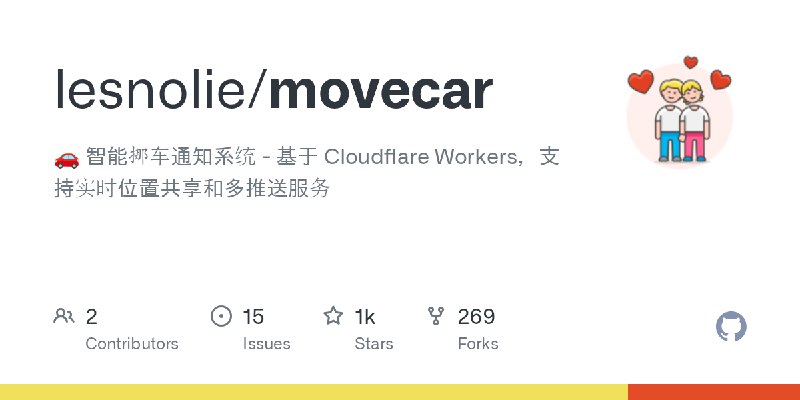GitHub - lesnolie/movecar: 🚗 智能挪车通知系统 - 基于 Cloudflare Workers，支持实时位置共享和多推送服务