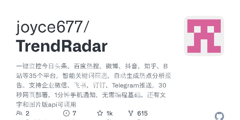 GitHub - joyce677/TrendRadar: 一键监控今日头条、百度热搜、微博、抖音、知乎、B站等35个平台，智能关键词筛选，自动生成热点分析报告。支持企业微信、飞书、钉钉、Telegram推送，30秒网页部署，1分钟手机通知，无需编程基…