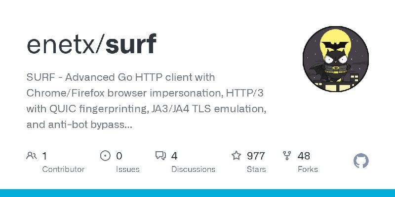 GitHub - enetx/surf: SURF - Advanced Go HTTP client with Chrome/Firefox browser impersonation, HTTP/3 with QUIC fingerprinting…