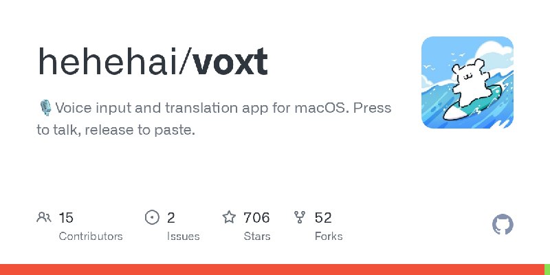 GitHub - hehehai/voxt: 🎙️Voice input and translation app for macOS. Press to talk, release to paste.