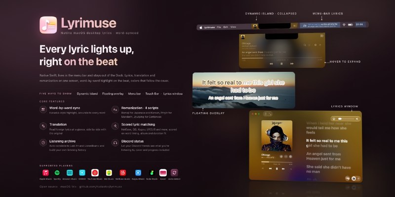 GitHub - Yudaotor/lyrimuse: Mac lyrics app: word-by-word synced lyrics for Apple Music, Spotify, YouTube Music, QQ Music, NetEase…
