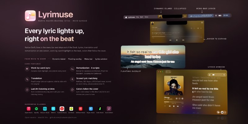 GitHub - Yudaotor/lyrimuse: Word-synced desktop lyrics on macOS for Apple Music, Spotify, Amazon Music, KKBOX, QQ Music, NetEase…
