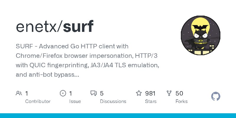 GitHub - enetx/surf: SURF - Advanced Go HTTP client with Chrome/Firefox browser impersonation, HTTP/3 with QUIC fingerprinting…