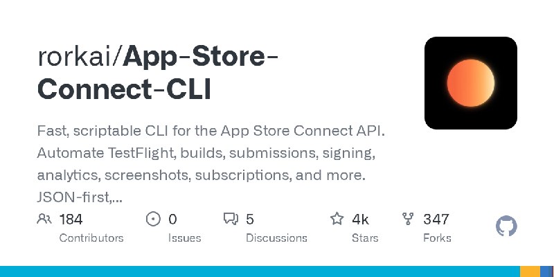 GitHub - rorkai/App-Store-Connect-CLI: Fast, scriptable CLI for the App Store Connect API. Automate TestFlight, builds, submissions…