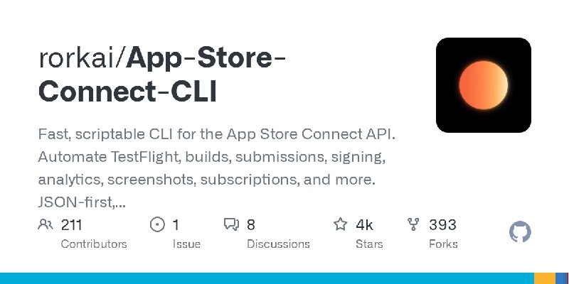 GitHub - rorkai/App-Store-Connect-CLI: Fast, scriptable CLI for the App Store Connect API. Automate TestFlight, builds, submissions…