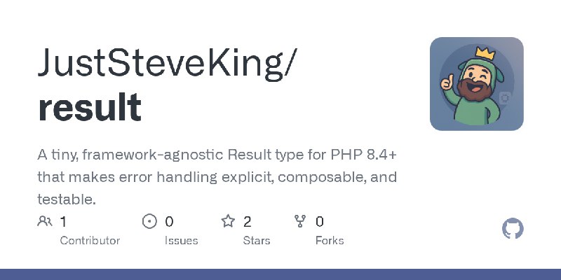 GitHub - JustSteveKing/result: A tiny, framework-agnostic Result type for PHP 8.4+ that makes error handling explicit, composable…