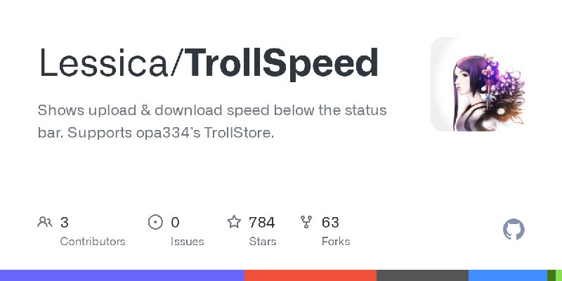 GitHub - Lessica/TrollSpeed: Shows upload & download speed below the status bar. Supports opa334’s TrollStore.