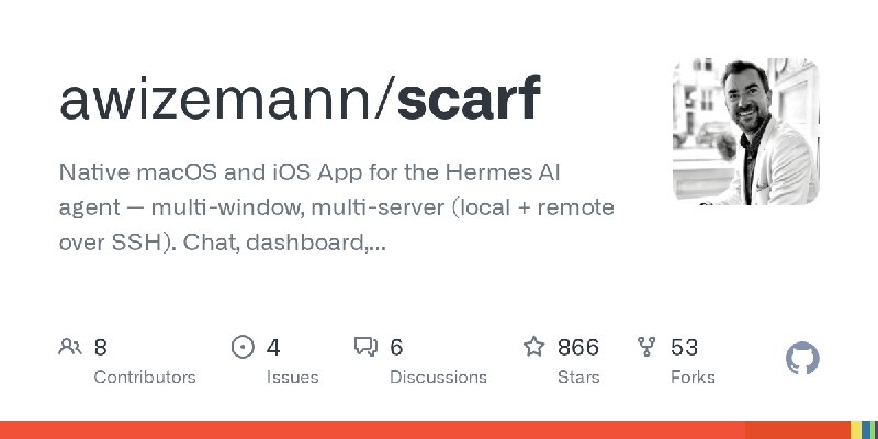 GitHub - awizemann/scarf: Native macOS and iOS App for the Hermes AI agent — multi-window, multi-server (local + remote over SSH).…