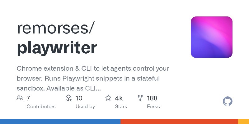 GitHub - remorses/playwriter: Chrome extension & CLI to let agents control your browser. Runs Playwright snippets in a stateful…