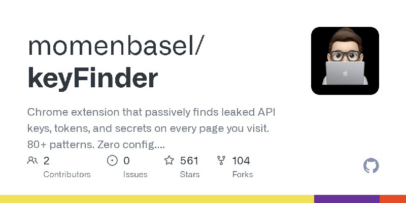 GitHub - momenbasel/keyFinder: Chrome extension that passively finds leaked API keys, tokens, and secrets on every page you visit.…