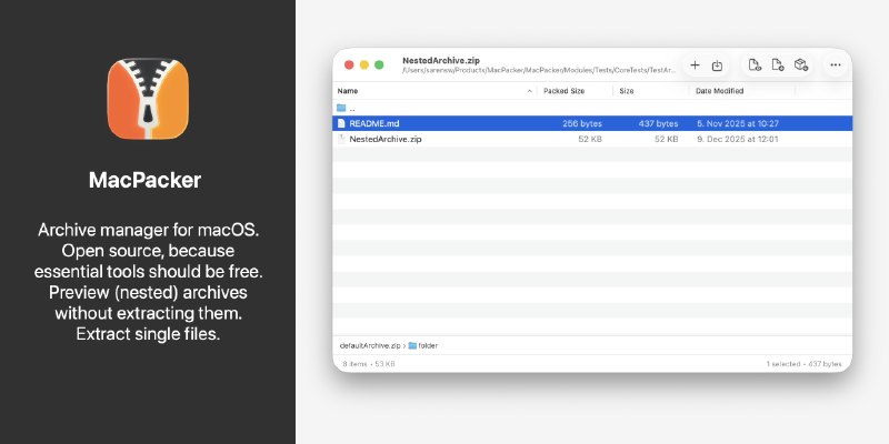 GitHub - sarensw/MacPacker: Archive manager for macOS. Open source, because essential tools should be free. Preview (nested) archives…