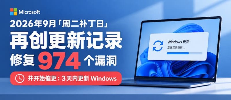 微软 2026 年 9 月“周二补丁日”再创更新记录：修复 974 个漏洞，并开始催更 Windows，最好 3 天内更新 - 小众软件