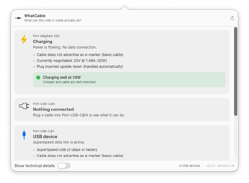 GitHub - darrylmorley/whatcable: macOS menu bar app that tells you, in plain English, what each USB-C cable plugged into your Mac…