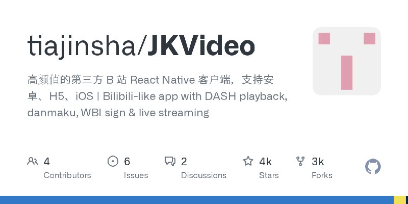 GitHub - tiajinsha/JKVideo: 高颜值的第三方 B 站 React Native 客户端，支持安卓、H5、iOS | Bilibili-like app with DASH playback, danmaku, WBI sign…